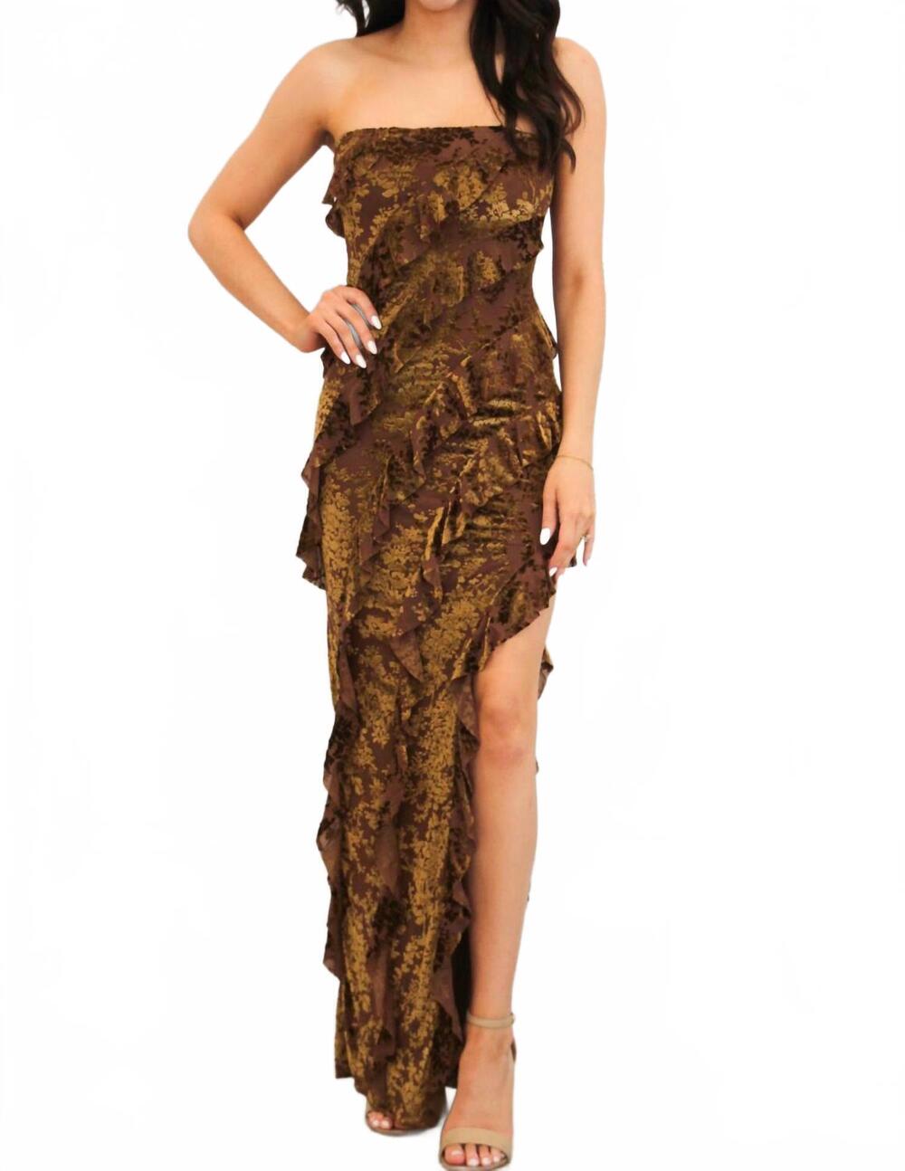NEW THE VINTAGE SHOP wiley strapless ruffle velvet floral maxi dress in mocha